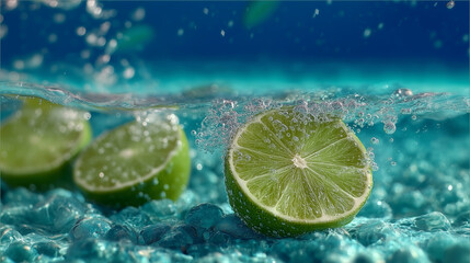 Fresh lime halves splashing into cold blue water with ice and bubbles. This image symbolizes refreshment, thirst, coolness, citrus, summer, and beverages like soda, mojitos, or lemonade.