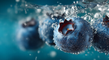 Fresh blueberries splashing into cold blue water with bubbles. This image symbolizes refreshment, health, antioxidants, superfoods, clean eating, and wellness.