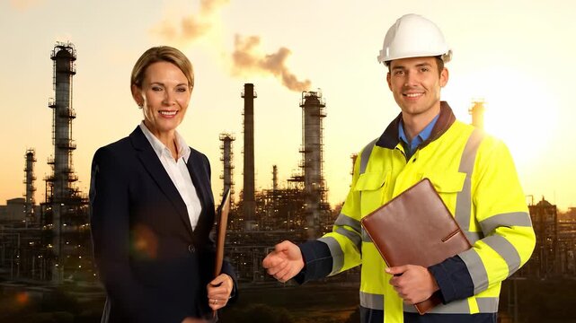 Woman shakes hands with engineer. Handshake seals agreement during construction negotiation. Business manager and safety officer inspect industrial refinery. Partnership and teamwork highlighted.