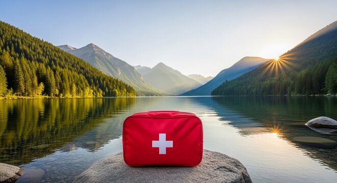 A red first aid kit with a white cross sits on a rock in front of a serene lake and majestic mountains at sunrise