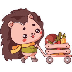 Adorable Cartoon Hedgehog Character Pulling a Cart Filled With Autumn Vegetables and a Mushroom on a Transparent Background