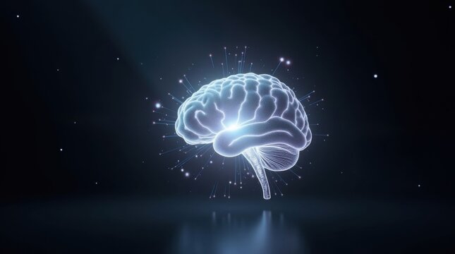 Holograma futurista de un cerebro de IA que brilla en la oscuridad del espacio, simbolizando la colaboración humano-máquina y la inteligencia digital