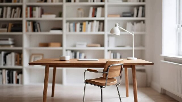 Minimalist home office with bookshelf