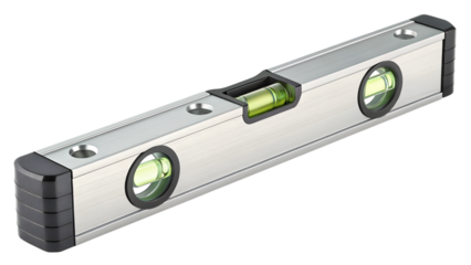 Bubble level tool, isolated on transparent background, realistic product rendering.