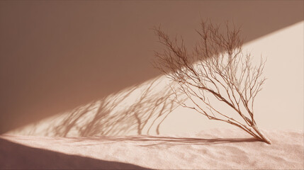 Minimalist dry branch with diagonal sunlight shadow on sand podium.This image symbolizes serenity, zen, wabi-sabi, dryness, or a clean, aesthetic background for product display and copy space.