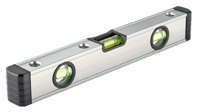 Bubble level tool, isolated on transparent background, realistic product rendering.