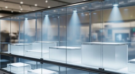 Modern Retail Showcase with Glass Panels and Spotlights, Ideal for Tech or Gadget Products