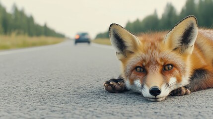 Fototapeta premium Dead fox on a summer day lying on asphalt road as cars pass by in the background, capturing a moment of nature and urban life