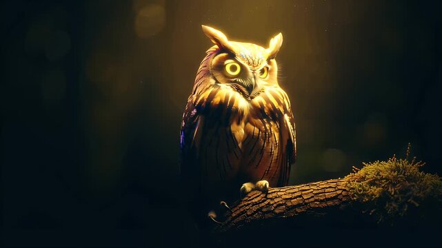 Majestic nocturnal owl perched on a mossy branch under warm amber glow in darkness