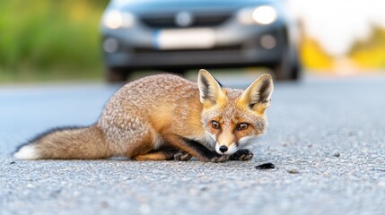 Fototapeta premium Accident scene on asphalt road shows dead fox beside speeding car on sunny summer day under clear blue sky