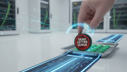 Dead letter queue data foundation quality. ai transformation business message bus token being placed into queue with server rack in background