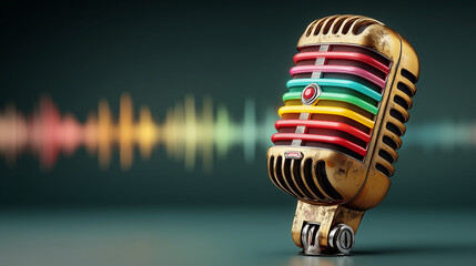 old-fashion microphone at the left of the screen, sound waves displayed in a horizontal column shape at the background. light, bright soild background color