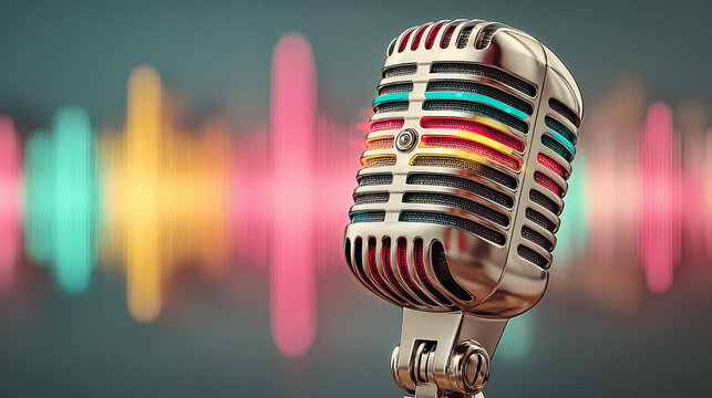 old-fashion microphone at the left of the screen, sound waves displayed in a horizontal column shape at the background. light, bright soild background color