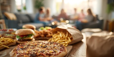 Fototapeta premium A table with a variety of food including pizza, fries, and a hamburger