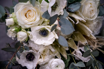White Anemones and Roses Close-Up in Wedding Bouquet