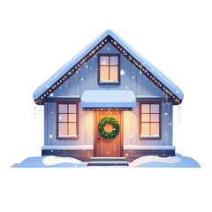 Charming snow covered house decorated for christmas isolated on transparent background