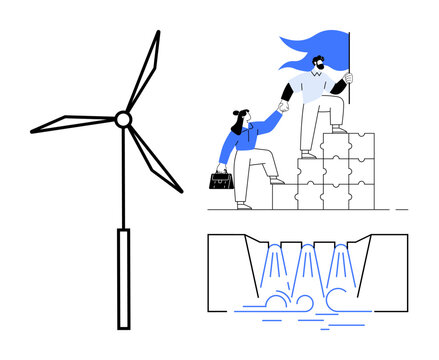 Wind turbine symbolizing sustainable energy, two people collaborating atop puzzle blocks with a flag for teamwork and progress, and a hydroelectric dam illustrating clean energy sources. Ideal