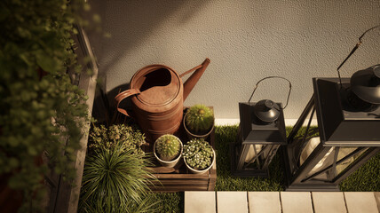 High-angle view of rustic garden decor with watering can and lanterns. This image symbolizes gardening, home decor, a cozy patio or balcony, and outdoor relaxation.
