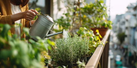 Woman watering rosemary herbs on a cozy urban balcony garden. This image symbolizes urban gardening, slow living, wellness, a green hobby, and bringing nature into the city.