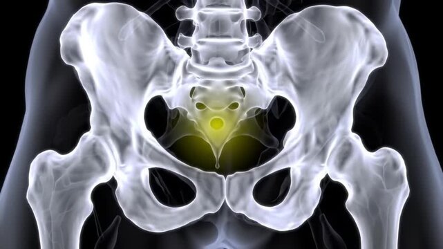 Animated Pelvic Bone Scan with Yellow Highlight on Black Background for Medical Visualization
