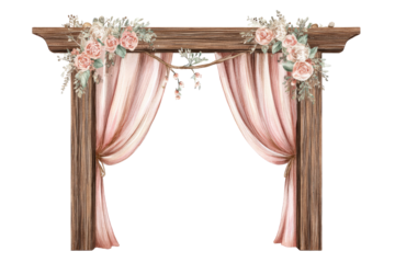 Rustic floral archway with pink drapes