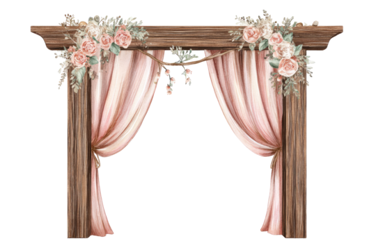 Rustic floral archway with pink drapes