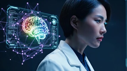 Examining brain hologram on display. Woman scientist studies neural data. Doctor reviews ai research metrics. Neuroscience technology and healthcare interface. Hologram highlights brain network map. - Powered by Adobe