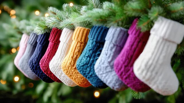 Row of multicolored knitted Christmas stockings hanging from pine garland with festive lights