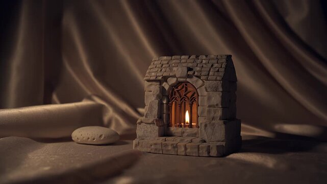 Miniature Stone Cottage Fireplace with Warm Glow Set Against Draped Fabric Backdrop