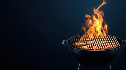 Barbecue grill on fire creates a vibrant backdrop for an exciting BBQ party invitation and advertising design with empty space for text