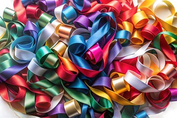 Colorful Christmas party celebration background pattern with ribbons, confetti, and gold bow decorations on a black texture