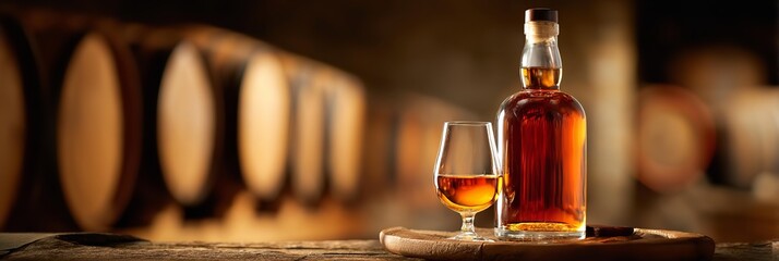 Cognac in a glass against a background of barrels