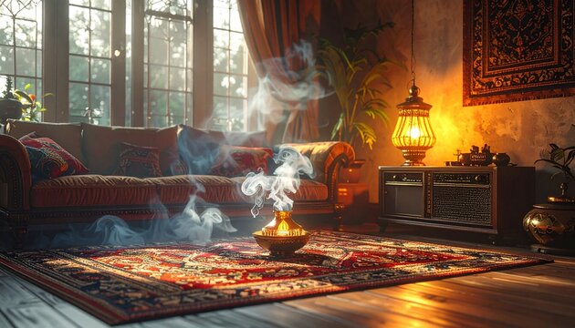 A retro Indian living room with warm lantern glow, brass decor, vintage radio, patterned rugs, and mystical incense smoke swirling in air, cinematic charm and realism. - Powered by Adobe