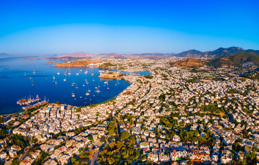 Fototapeta premium Bodrum beach and marina aerial panoramic view in Turkey