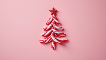 Christmas tree shape created with red and white striped candy canes topped with a red star