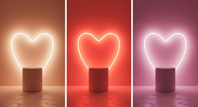 Three heart shaped neon lights in different colors on pedestal