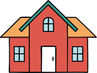 A simple cartoon illustration of a red house with orange roof and green trim featuring windows and a white door isolated on transparent background