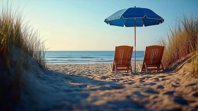 Beach chairs under umbrella by ocean