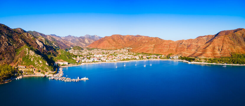 Icmeler town beach aerial panoramic view in Turkey