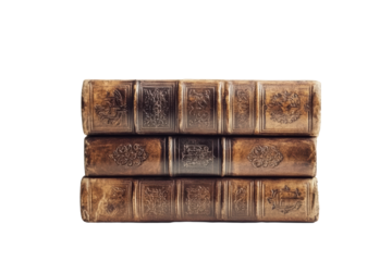 Three thick antique books stacked horizontally
