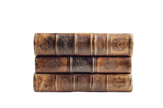 Three thick antique books stacked horizontally
