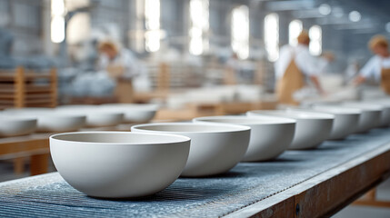 Ceramic bowl production line in bright factory, white pottery, industrial workspace, artisan craft, manufacturing process