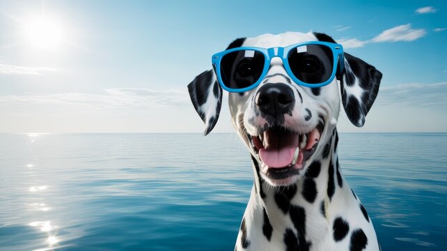 A playful Dalmatian dog wearing blue sunglasses smiles against a serene ocean backdrop under a bright sun.