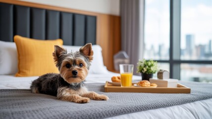 A cozy hotel room scene featuring a small dog on the bed, with a breakfast tray, showcasing a modern urban view through large windows.