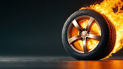 Car tire engulfed in flames against a black background showcasing high-resolution detail and professional color grading