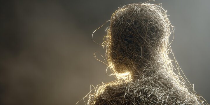 A person's face is made of gold and is surrounded by a black background