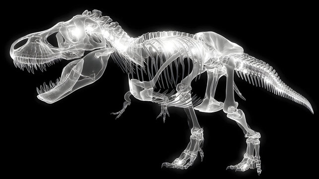 Tyrannosaurus Rex Skeletal Radiograph Highlighting Skull and Dental Features for Education, Archaeology, and Prehistoric Biology