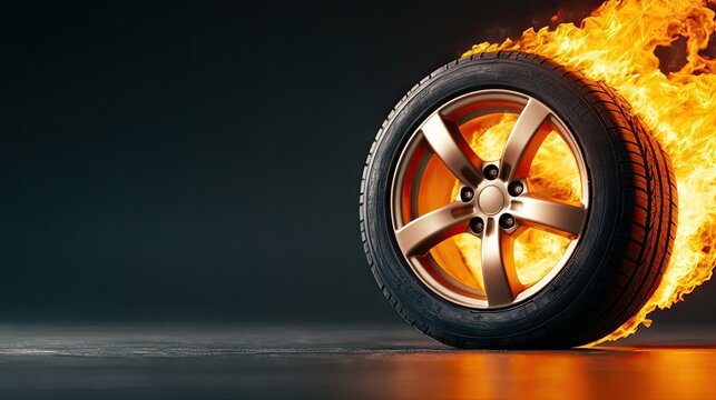 Car tire engulfed in flames against a black background showcasing high-resolution detail and professional color grading