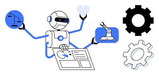 Robot performing tasks weighing scales, heart monitoring, industrial control, and UI navigation. Ideal for AI, robotics, innovation, automation healthcare legal tech technology ethics. Simple flat