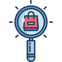 Magnifying glass focused on a red shopping bag with yellow handle details on a clear background symbolizing retail search and product discovery in online shopping and e-commerce business